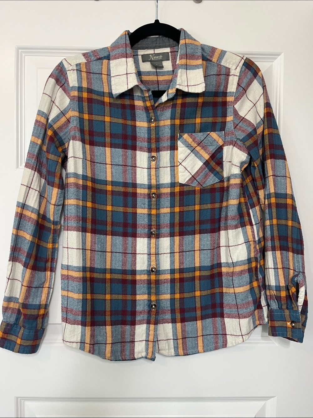 Natural Reflections Cream Blue Mustard Plaid Button-Down Shirt